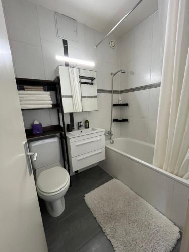 日内瓦85m2 au centre-ville à 2 pas du Jet d'eau的浴室配有卫生间、浴缸和水槽。
