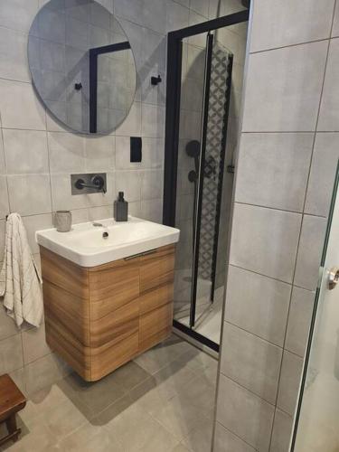 佩奥拉Ivy - Paola Modern Townhouse的浴室配有盥洗盆和带镜子的淋浴