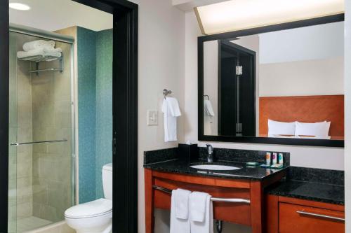 罗利Hyatt Place Raleigh Cary的一间带水槽、卫生间和镜子的浴室