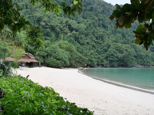 Nga Khin Nyo Gyee IslandVictoria Cliff Resort Nyaung Oo Phee Island的享有树木和水面海滩的景色