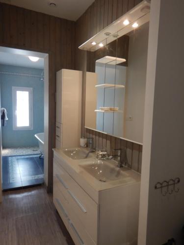 波尔多LA SALAMANDRE的浴室配有盥洗盆、镜子和浴缸