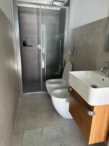 因佩里亚Casa al Prino的浴室配有卫生间、盥洗盆和淋浴。