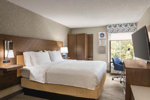 堪萨斯城堪萨斯城机场汉普顿酒店的酒店客房配有一张床、一张书桌和一台电视。