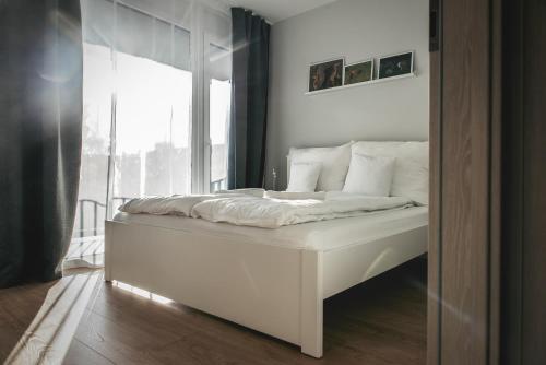塞格德Nádas Apartman的窗户客房内的一张白色床