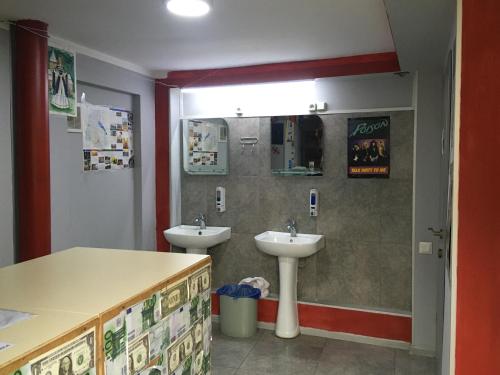 第比利斯Kargi Youth Hostel的浴室设有2个水槽和镜子