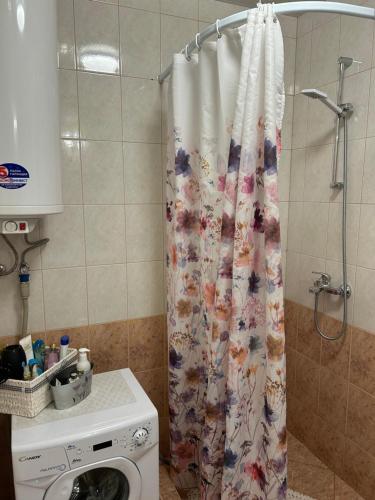 阿赫洛伊Студио Уют Марина Кейп的浴室配有带浴帘的洗衣机