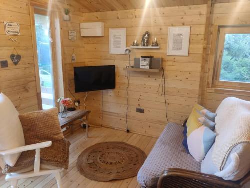 莫维尔Luxury log cabin with wood fired hot tub的客厅设有木墙和电视