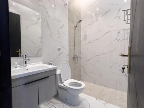 麦地那Modern Family Apartments 7 Mins Drive to Al Masjid Nabwi - Al Jamawat的白色的浴室设有卫生间和水槽。