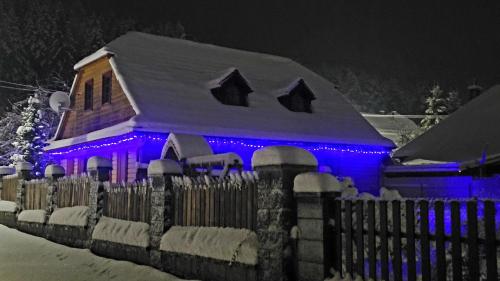 VažecHolidayhouse Chalupa Alžbetka的雪中被蓝色的灯光覆盖的房子