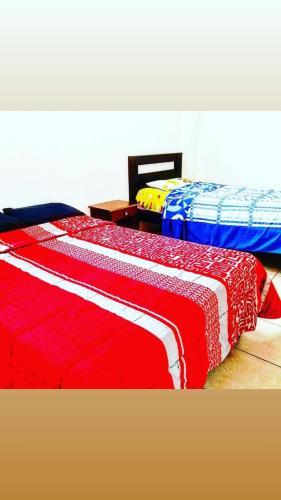 萨利纳斯HOSTERIA LA COSTANERA的两张睡床彼此相邻,位于一个房间里