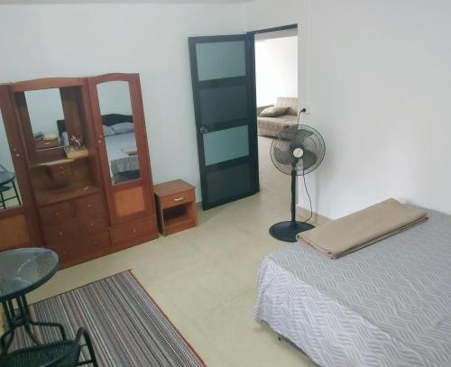 苏瓦Barrett Accommodation Rooms的一间卧室配有一张床、一张桌子和风扇