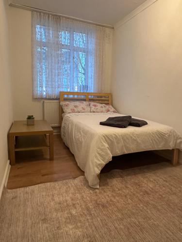 伦敦Spacious Private Room in the heart of Dalston, Hackney的一间卧室配有一张床、一张桌子和一个窗户。