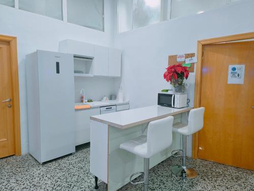 瓦伦西亚CAPSULE INN VALENCIA Hostel的白色的厨房配有柜台和冰箱