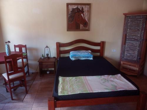 格拉瓦塔Chalé Raiz da Serra的卧室配有一张床,墙上挂着一张马术照片
