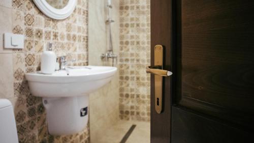 莱斯诺夫AristoCat Hotels Rasnov的一间带水槽、卫生间和门的浴室