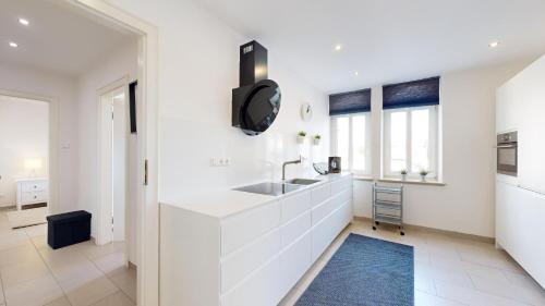 阿尔泽特河畔埃施STAY SMART Luxembourg Esch的白色的厨房设有水槽,墙上配有电视。