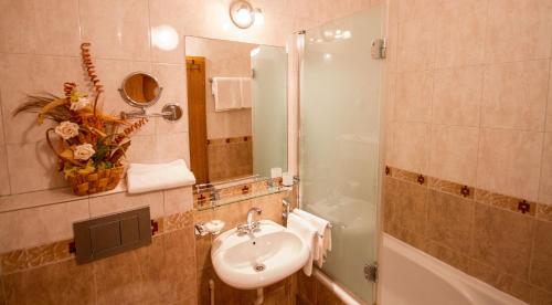 蒂瓦特Apart hotel Samardzic的浴室配有水槽、淋浴和浴缸。