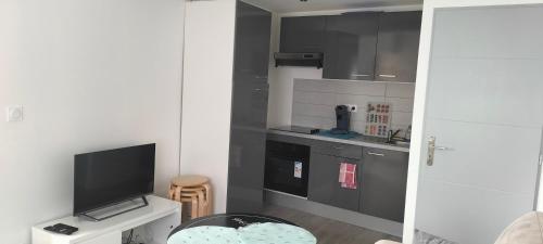 Rive-de-GierAppartement 2 pièces的一间小厨房,配有黑色橱柜和一台电视