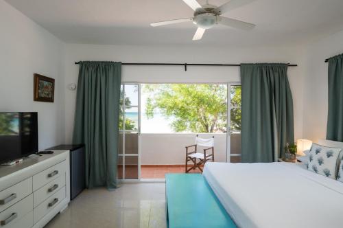 蓬塔露奇亚Blue Island Punta Rucia的一间卧室设有一张床和一个大窗户