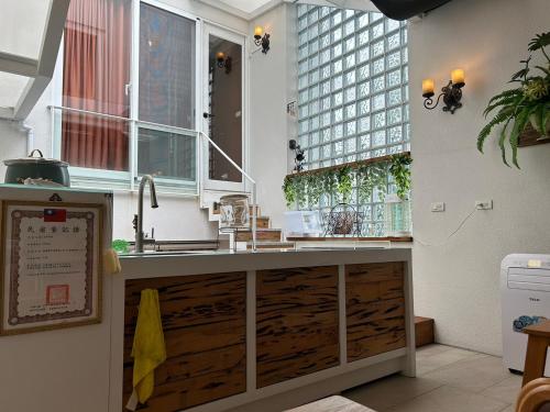 嘉义市上水民宿的带水槽的厨房和2扇窗户