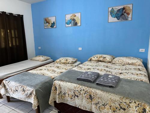 伦索伊斯Encanto do Parque Hospedagem的蓝色墙壁客房的两张床