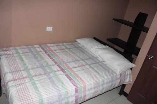 圣何塞Hotel Pecos Bill的一张带铺着地毯的床铺和两个枕头