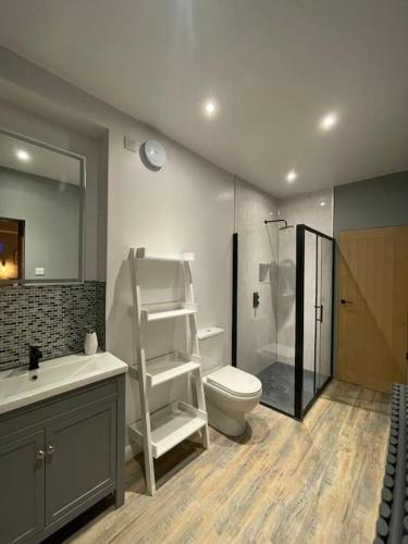 韦姆Stables Wem的浴室配有卫生间、盥洗盆和淋浴。