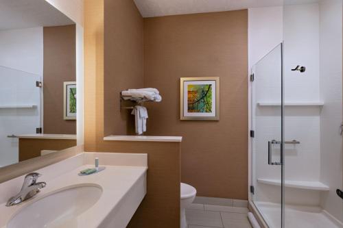 林垦林肯机场万豪费尔菲尔德套房酒店的一间带水槽和淋浴的浴室