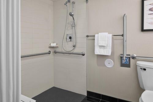 Menomonee FallsDelta Hotels by Marriott Milwaukee Northwest的带淋浴和卫生间的浴室