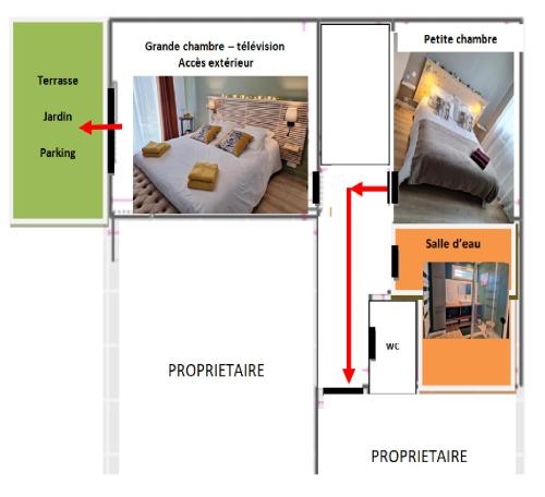 伊芙尔莱韦克Le pré du buis的享有3个不同景致的客房的平面图