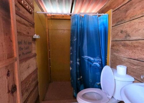 Playón ChicoCabañas sobre el mar en Guna Yala的浴室设有卫生间和蓝色的浴帘。