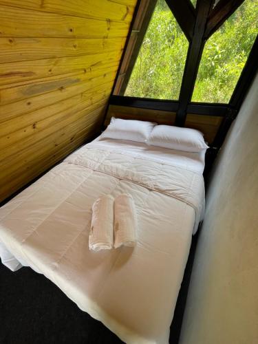MunhozChalé Panorama的配有2个白色枕头的客房内的一张床位