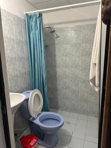 卡塔赫纳Casa Tamarielys的浴室设有蓝色的卫生间和水槽。
