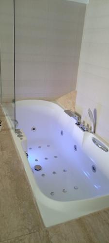 托莱多El susurro del tajo La gruta的客房内的白色浴缸设有淋浴