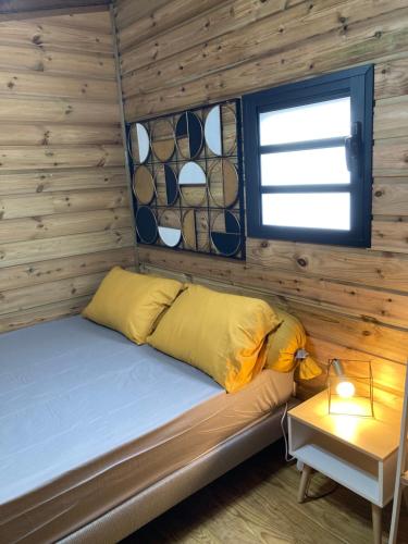 拉波塞雄Tiny house bois cosy « Halte là »的小木屋内的一张床位,设有窗户