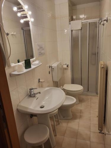上福尔尼Albergo Meuble Tarandan的浴室设有2个卫生间、水槽和淋浴。
