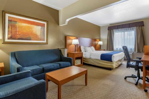 奥本希尔斯Comfort Suites Auburn Hills-Detroit的酒店客房配有一张床、一张沙发和一张书桌。