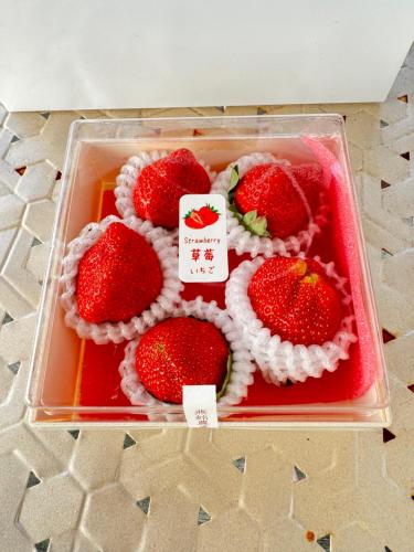 五结兆億申襄采民宿1741 Zhao Yì Shen Xiang Cai Homestay 1741的装有草莓的塑料容器,放在托盘里
