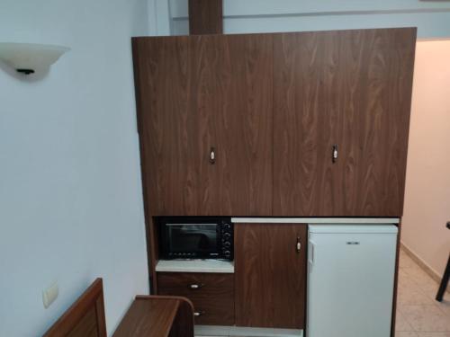 欧拉努波利斯Ξενώνας Φωτεινη的厨房配有冰箱和微波炉。