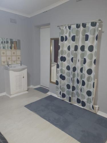 开普敦Thornton room的浴室配有淋浴帘和盥洗盆。
