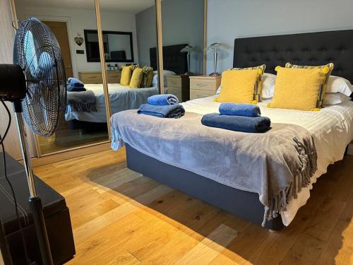 霍尔特The Nest, lovely apartment的一间卧室配有一张带蓝色枕头和镜子的床