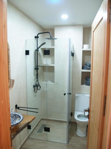 塔姆拉赫特乌兹达尔Dar Makai Surf Hotel的浴室设有玻璃淋浴间和卫生间