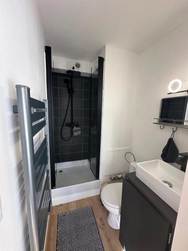 瓦尔SKI AUX PIEDS的带淋浴、卫生间和盥洗盆的浴室