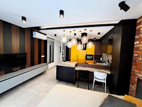 卡托维兹Kima Apartament Bażantów 40的开放式厨房拥有黄色和黑色的墙壁