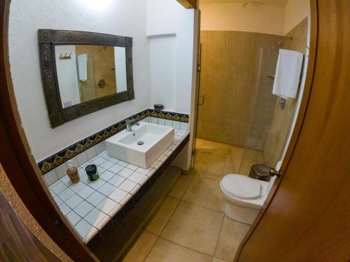 瓜纳华托La Cañada的一间带水槽、卫生间和镜子的浴室