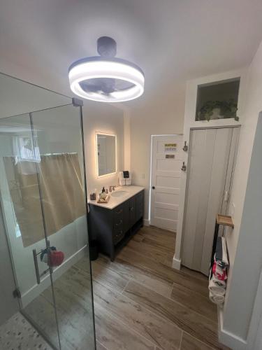 劳德代尔堡Carlton Guest house的带淋浴、盥洗盆和镜子的浴室