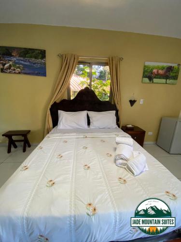 哈拉瓦科阿Jade Mountain Suites, Jarabacoa的一间卧室配有一张带鲜花的大床