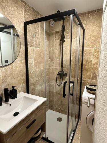 奥尔良Appartement Haut Standing的带淋浴、盥洗盆和镜子的浴室