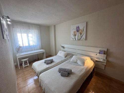 美洲海滩Mara apartment with beautyful oceanview的酒店客房设有两张床和窗户。