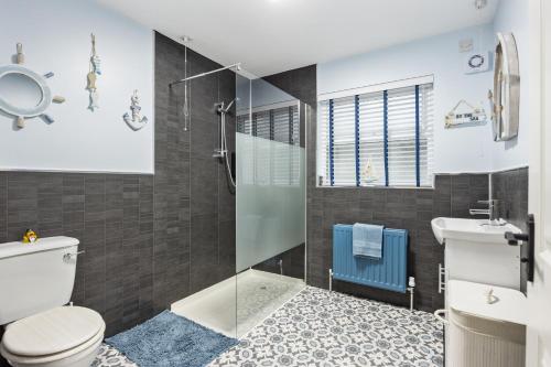 巴利卡斯尔Ballycastle Bolthole的浴室配有卫生间、淋浴和盥洗盆。